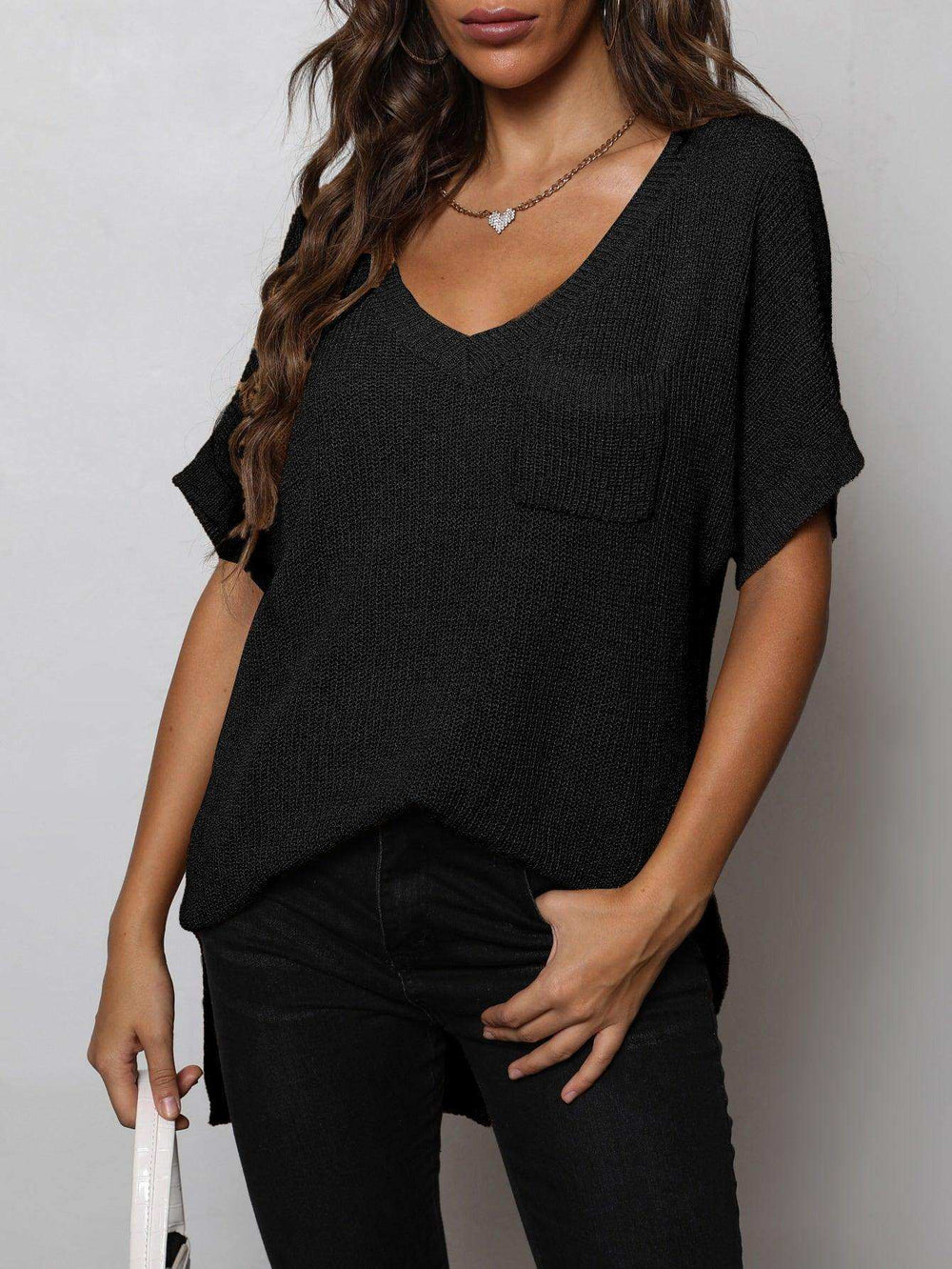 V-Neck Slit High-Low Knit Top - Trendsi - Flyclothing LLC