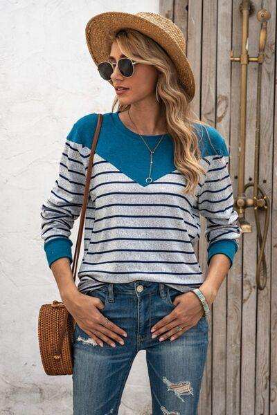 Striped Round Neck Long Sleeve T-Shirt - Trendsi - Flyclothing LLC