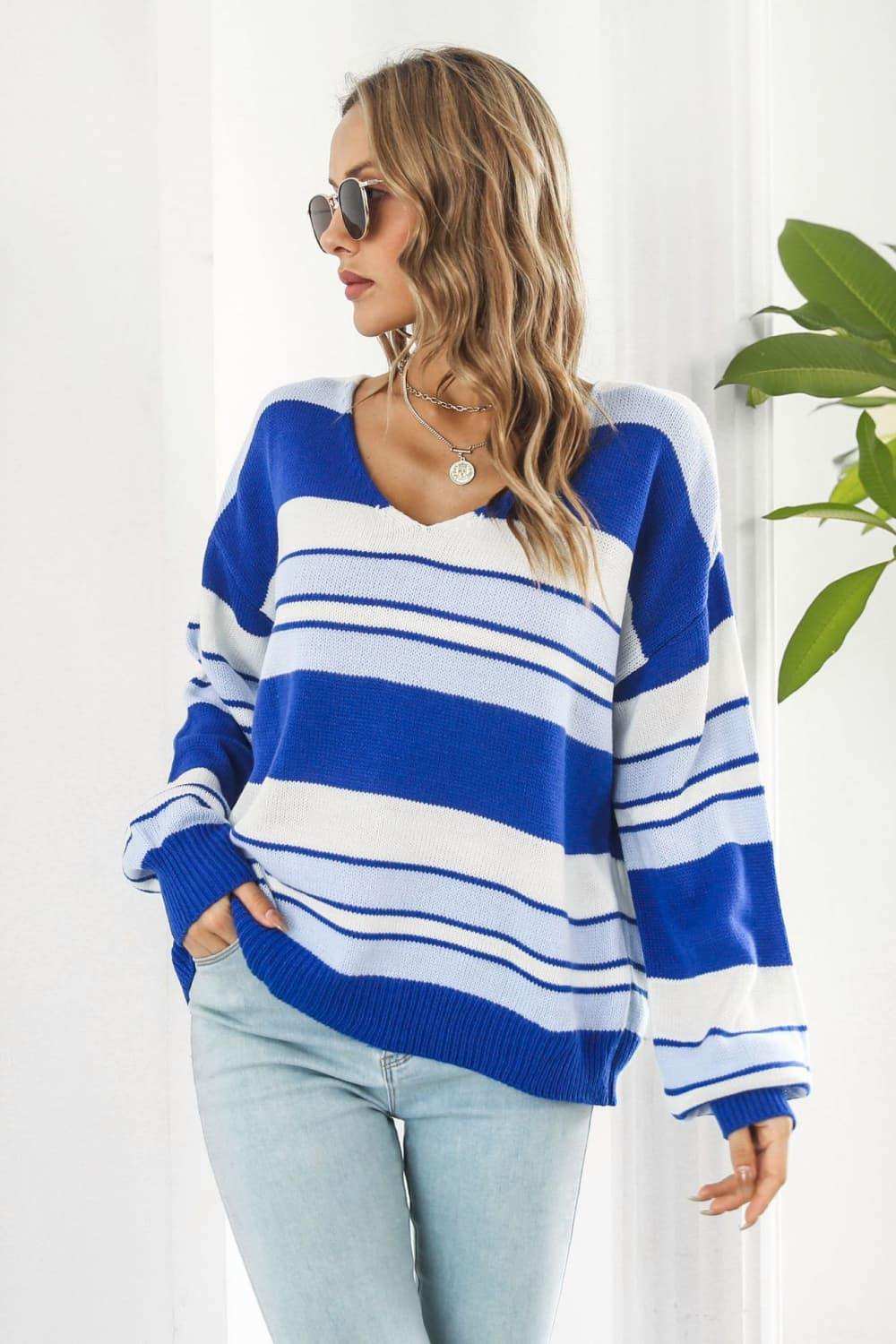 Striped V-Neck Dropped Shoulder Sweater - Trendsi - Flyclothing LLC