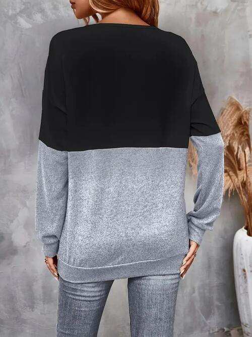 Contrast Crisscross V-Neck Long Sleeve Top - Trendsi - Flyclothing LLC