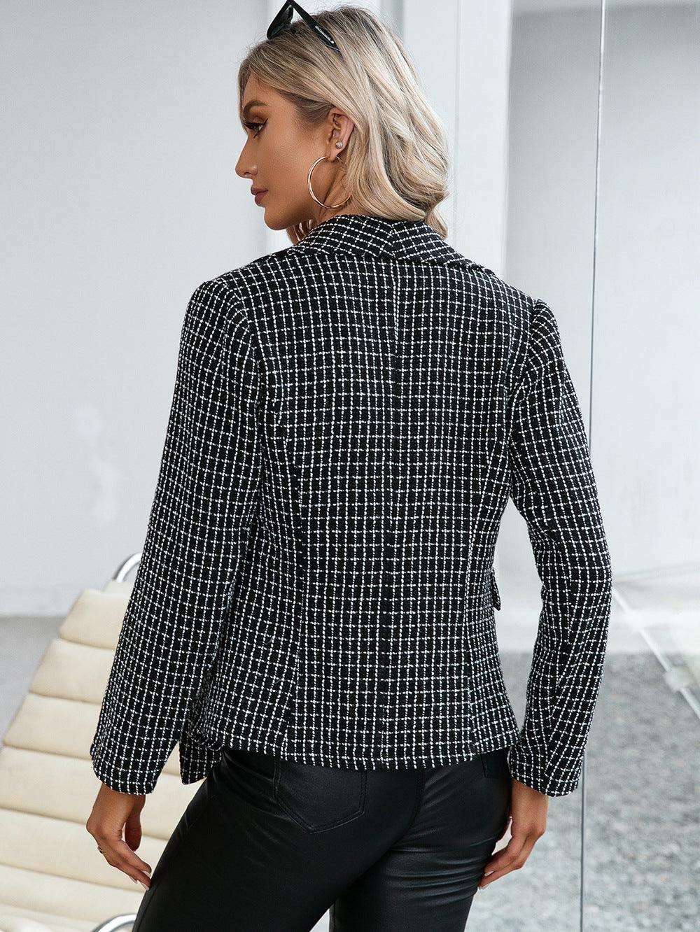 Plaid Double Breasted Long Sleeve Jacket - Trendsi - Flyclothing LLC