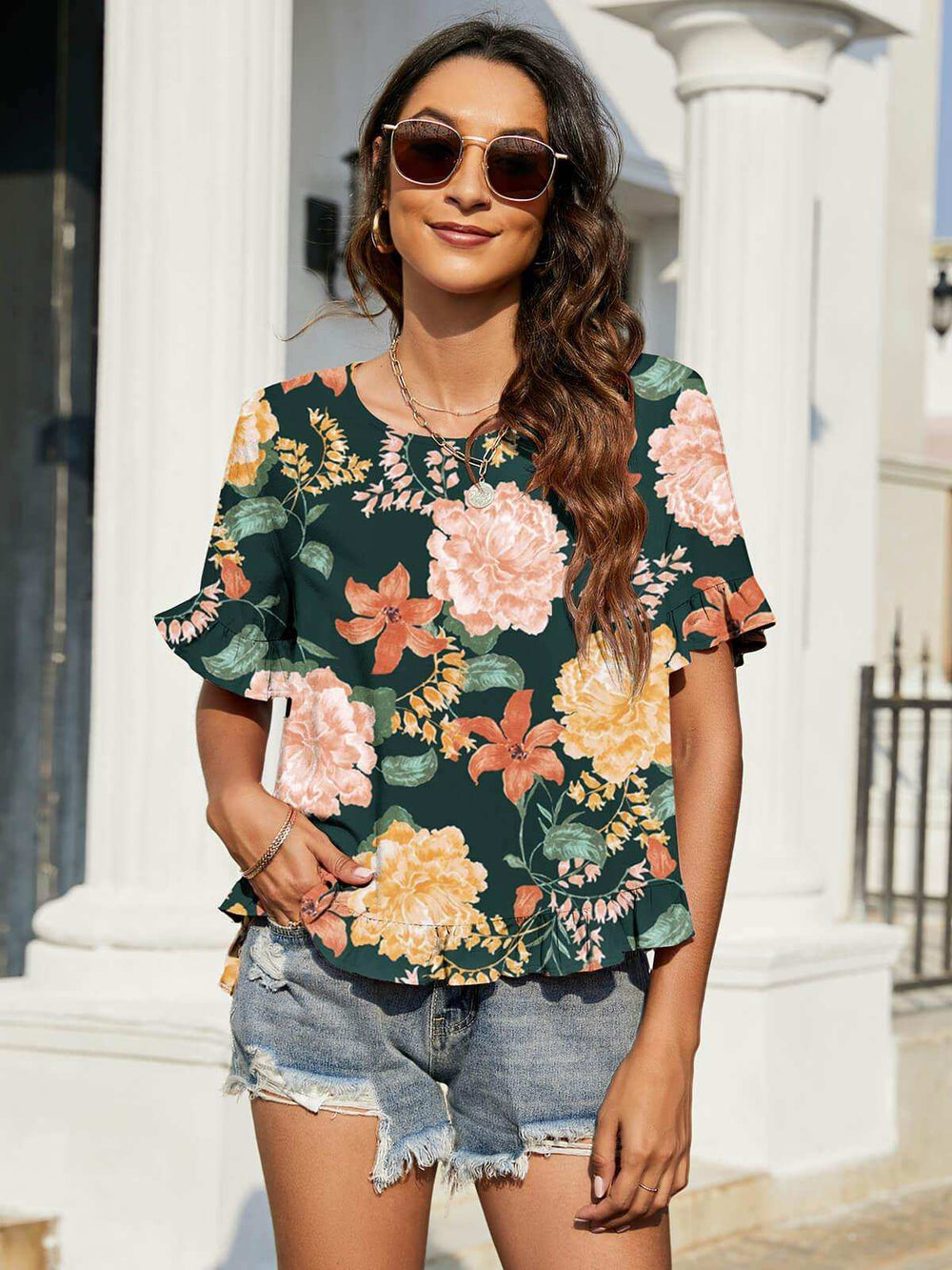 Floral Ruffled Flounce Sleeve Blouse - Trendsi - Flyclothing LLC