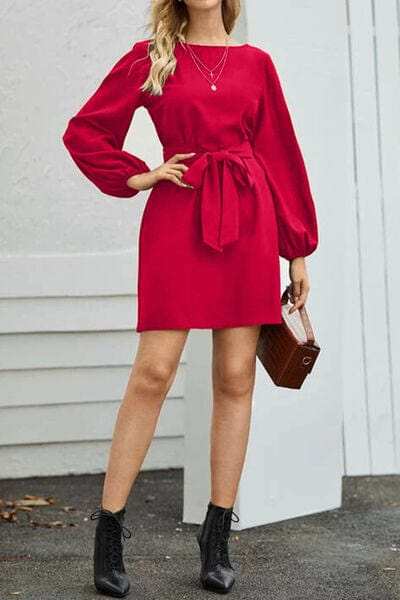 Tied Boat Neck Balloon Sleeve Mini Dress - Trendsi - Flyclothing LLC