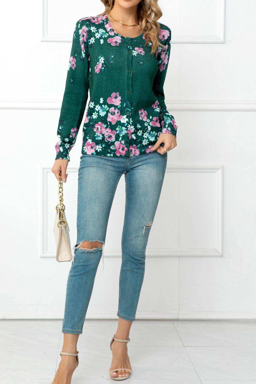 Floral Button Front Round Neck Cardigan - Trendsi - Flyclothing LLC