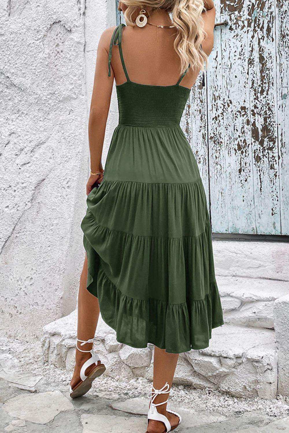 Tie-Shoulder Tiered Midi Dress - Trendsi - Flyclothing LLC