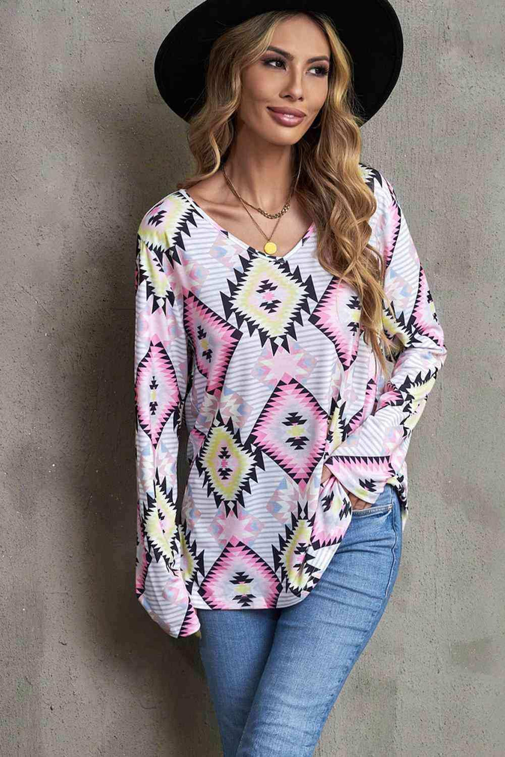 Geometric V-Neck Long Sleeve T-Shirt - Trendsi - Flyclothing LLC