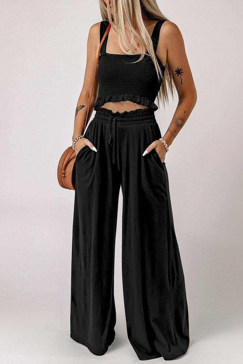 Square Neck Cropped Tank Top and Long Pants Set - Trendsi - Flyclothing LLC