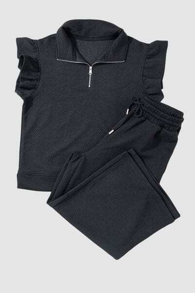 Ruffled Quarter Zip Top and Drawstring Pants Set - Trendsi - Flyclothing LLC