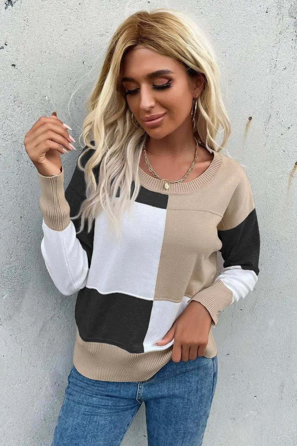 Color Block Ribbed Trim Round Neck Knit Pullover - Trendsi - Flyclothing LLC