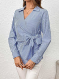 Bow Tie Waist Johnny Collar Neck Striped Blouse - Trendsi - Flyclothing LLC