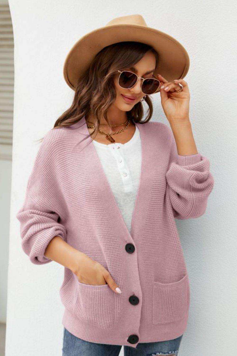 Waffle-Knit Dropped Shoulder Cardigan - Trendsi - Flyclothing LLC