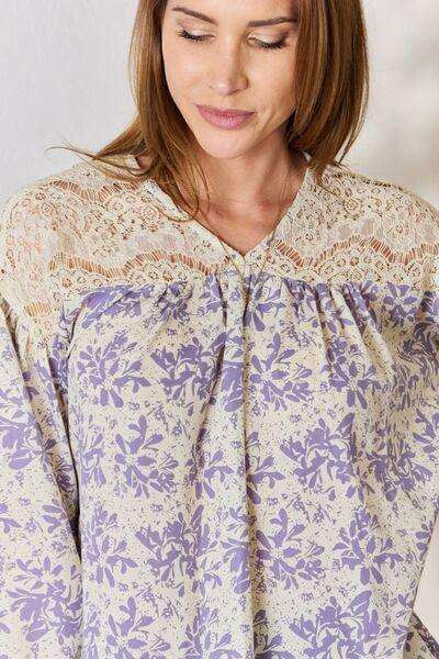 Hailey & Co Full Size Lace Detail Printed Blouse - Trendsi - Flyclothing LLC