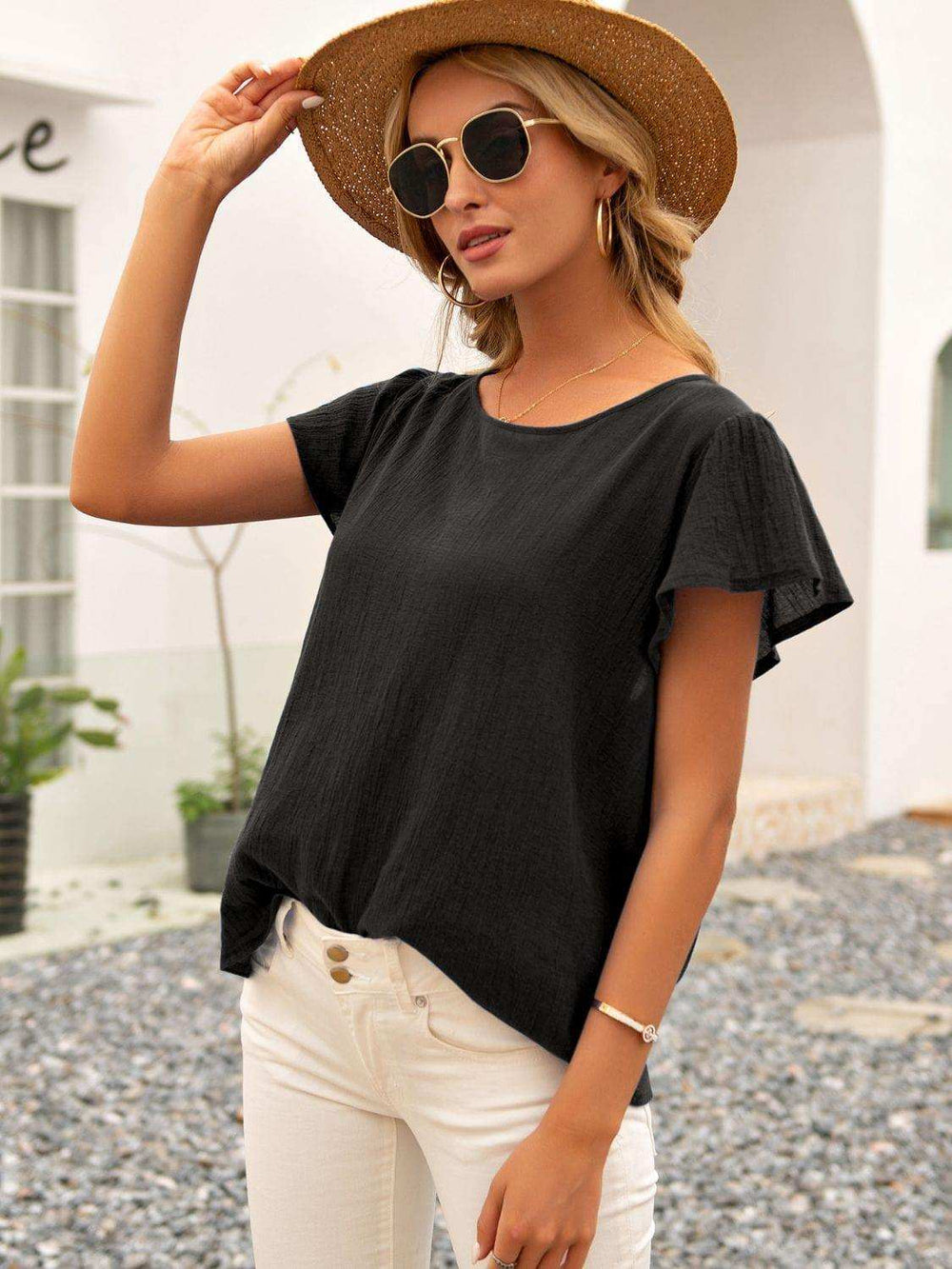 Round Neck Cutout Tie Back Top - Trendsi - Flyclothing LLC