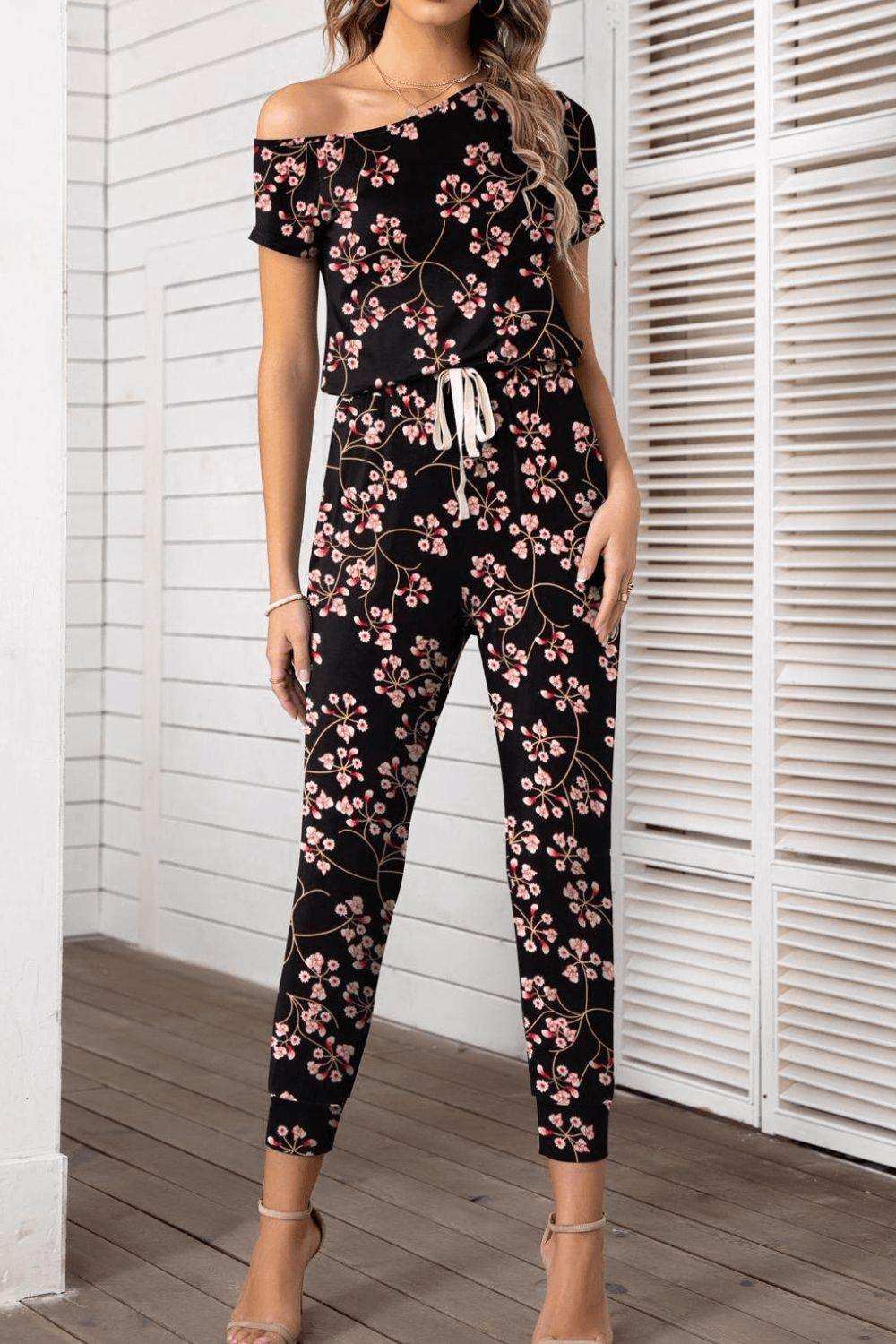 Asymmetrical Neck Short Sleeve Jumpsuit - Trendsi - Flyclothing LLC