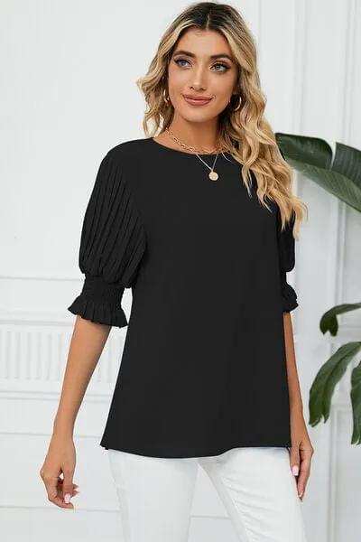 Frill Round Neck Lantern Sleeve T-Shirt - Trendsi - Flyclothing LLC
