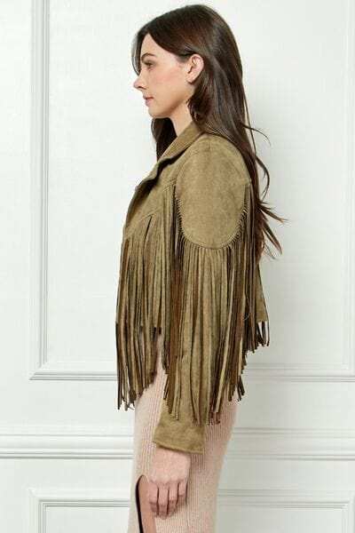 Veveret Suede Fringe Long Sleeve Moto Jacket - Trendsi - Flyclothing LLC