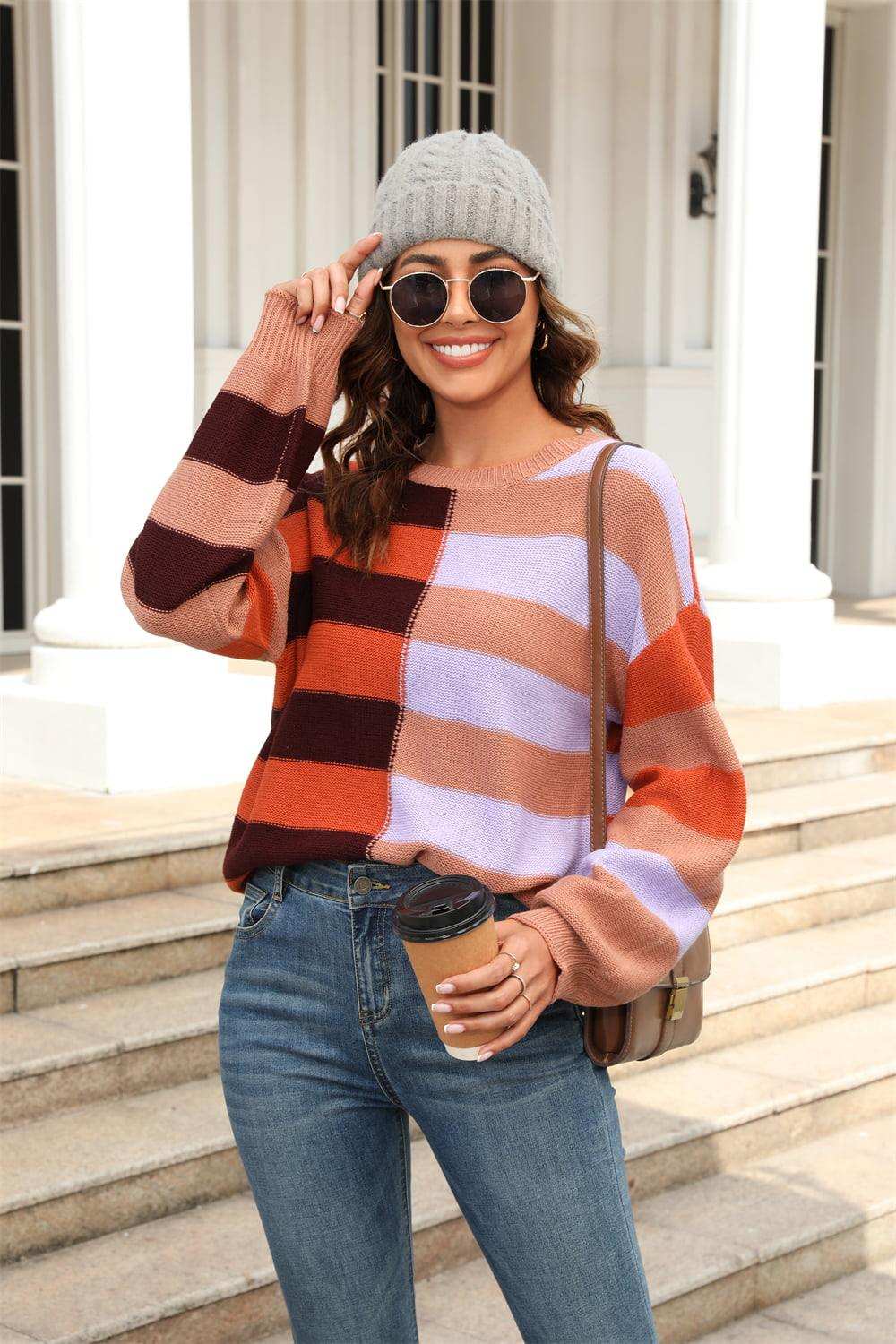 Round Neck Long Sleeve Color Block Dropped Shoulder Pullover Sweater - Trendsi - Flyclothing LLC
