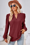 Ruched Notched Long Sleeve T-Shirt - Trendsi - Flyclothing LLC