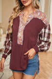 Plaid Notched Neck Slit Blouse - Trendsi - Flyclothing LLC