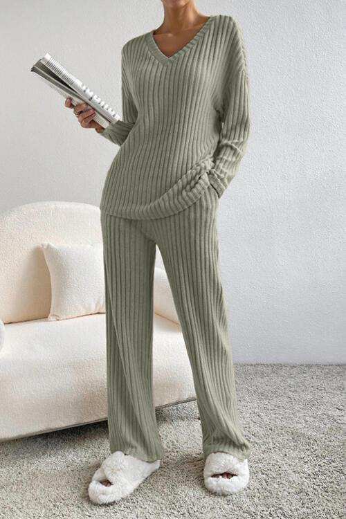 Ribbed V-Neck Top and Pants Set - Trendsi - Flyclothing LLC