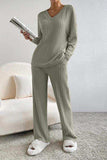 Ribbed V-Neck Top and Pants Set - Trendsi - Flyclothing LLC