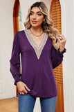 Lace Detail V-Neck Lantern Sleeve T-Shirt - Trendsi - Flyclothing LLC