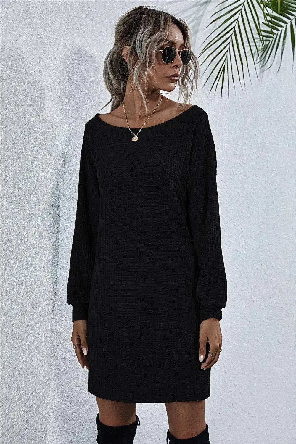 Waffle-Knit Boat Neck Mini Dress - Trendsi - Flyclothing LLC