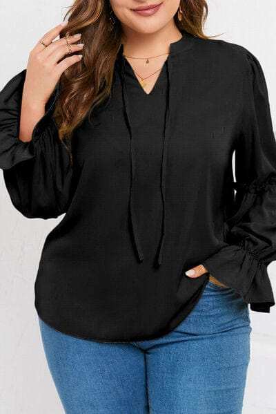 Plus Size Ruffled Tie Neck Flounce Sleeve Blouse - Trendsi - Flyclothing LLC