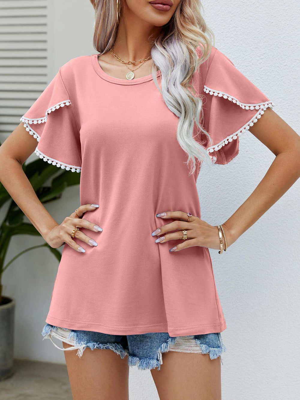 Pom-Pom Trim Flutter Sleeve Round Neck Tee - Trendsi - Flyclothing LLC