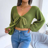 Tie-Front Rib-Knit Cropped Sweater - Trendsi - Flyclothing LLC