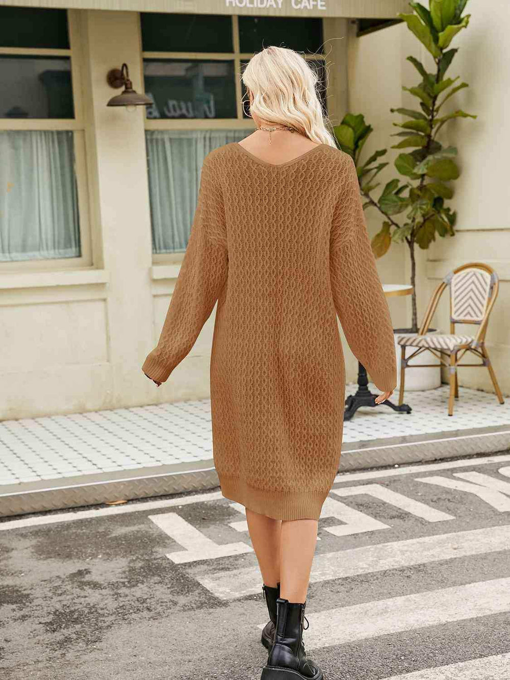 V-Neck Long Sleeve Sweater Dress - Trendsi - Flyclothing LLC