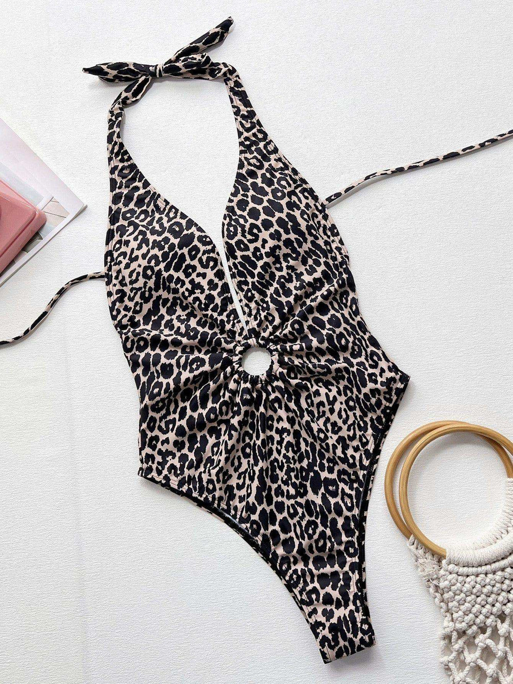 Leopard Halter Neck Ring Detail One-Piece Swimsuit - Trendsi - Flyclothing LLC