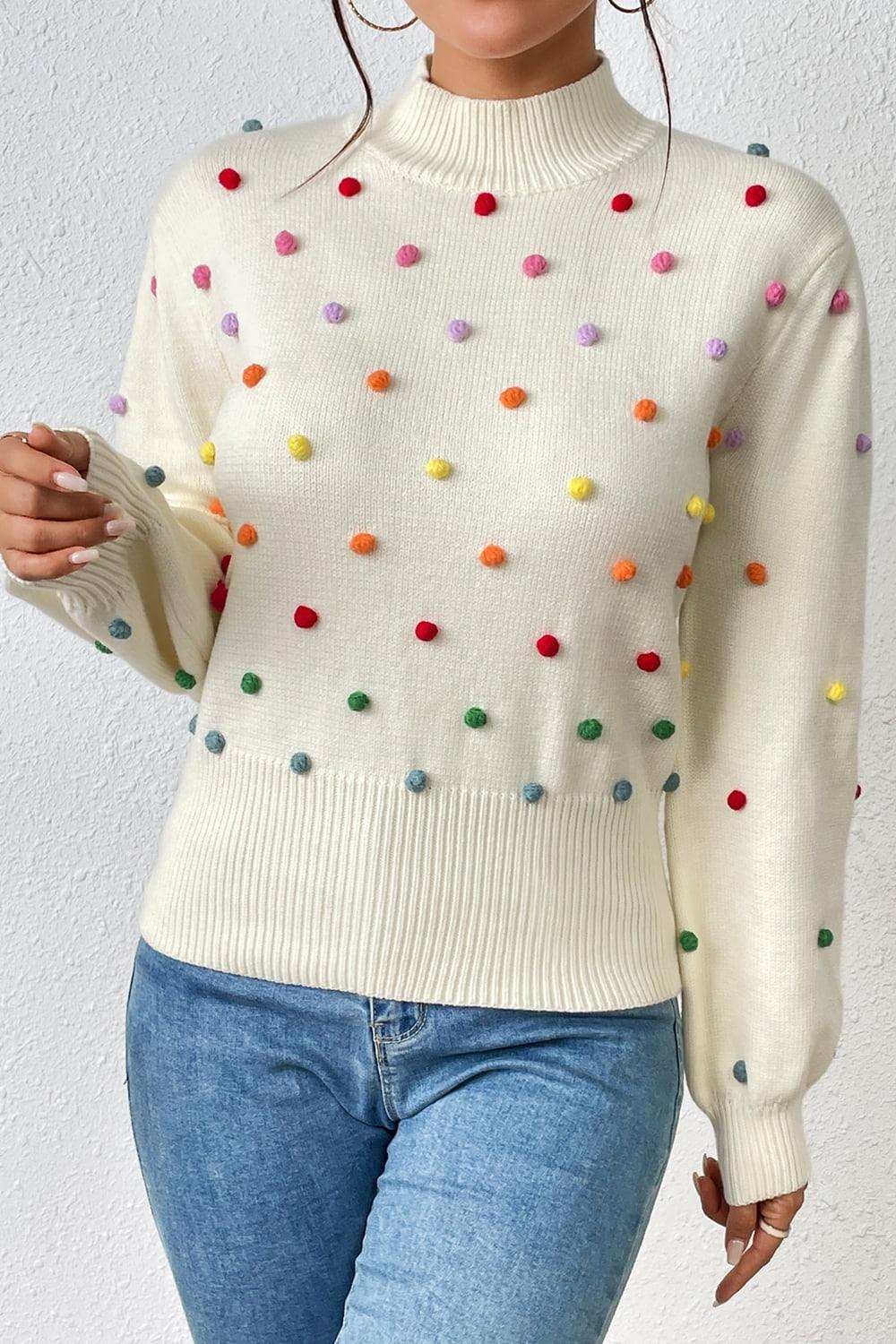 Pom-Pom Trim Mock Neck Long Sleeve Pullover Sweater - Trendsi - Flyclothing LLC