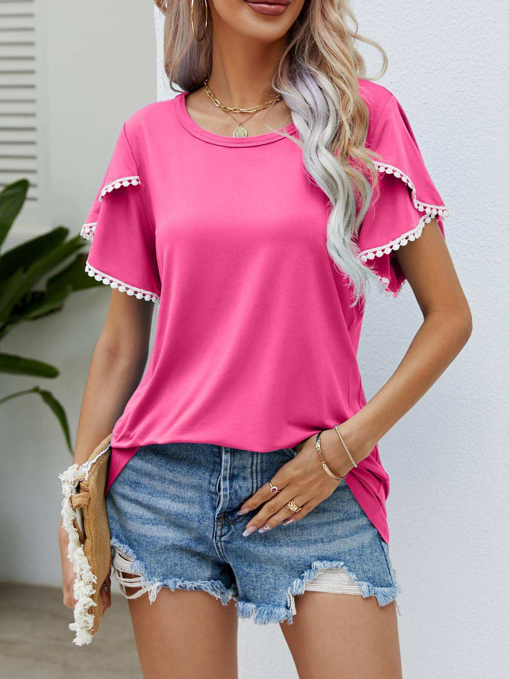 Pom-Pom Trim Flutter Sleeve Round Neck Tee - Trendsi - Flyclothing LLC