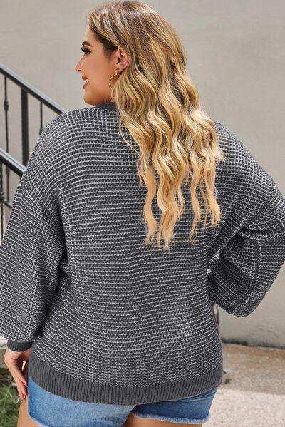 Plus Size Waffle-Knit Round Neck Dropped Shoulder Sweater - Trendsi - Flyclothing LLC