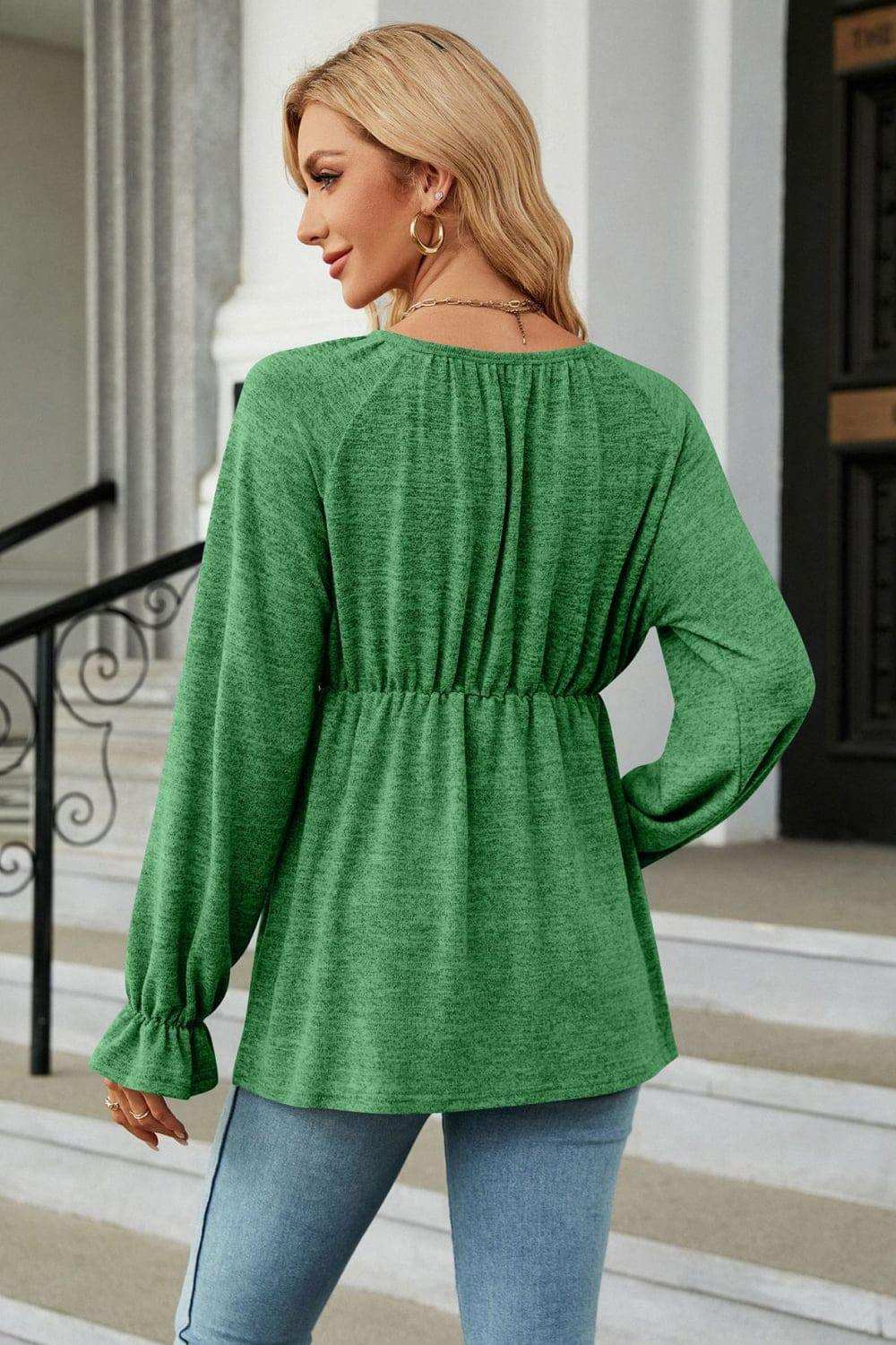 Round Neck Flounce Sleeve Blouse - Trendsi - Flyclothing LLC