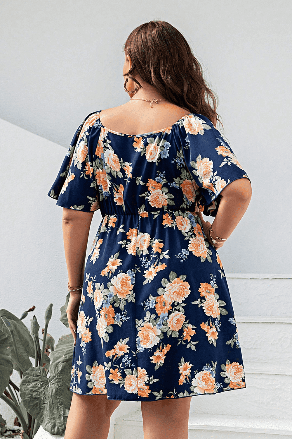 Plus Size Floral Print V-Neck Flutter Sleeve Mini Dress - Trendsi - Flyclothing LLC