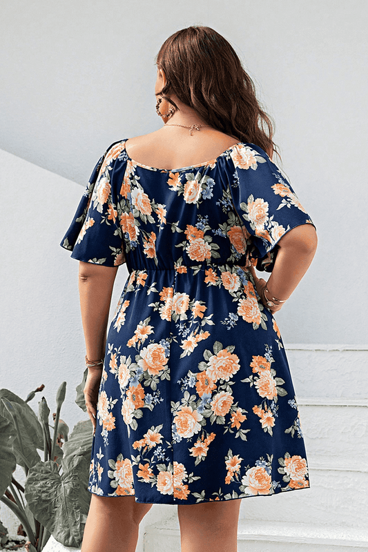 Plus Size Floral Print V-Neck Flutter Sleeve Mini Dress - Trendsi - Flyclothing LLC