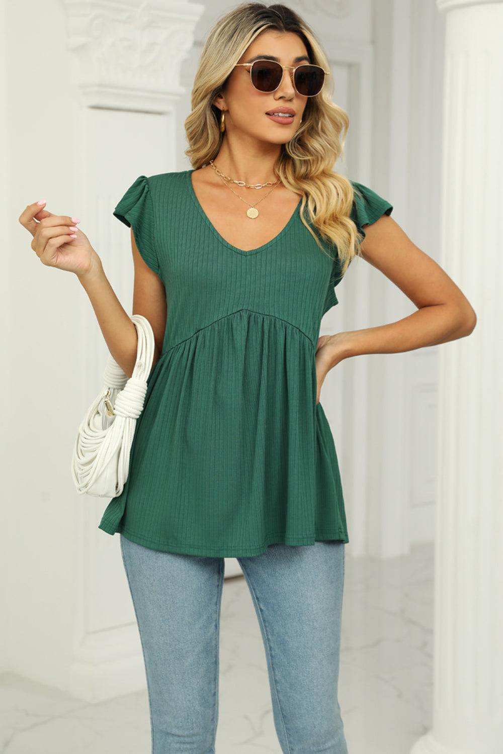 V-Neck Flutter Sleeve Babydoll Blouse - Trendsi - Flyclothing LLC