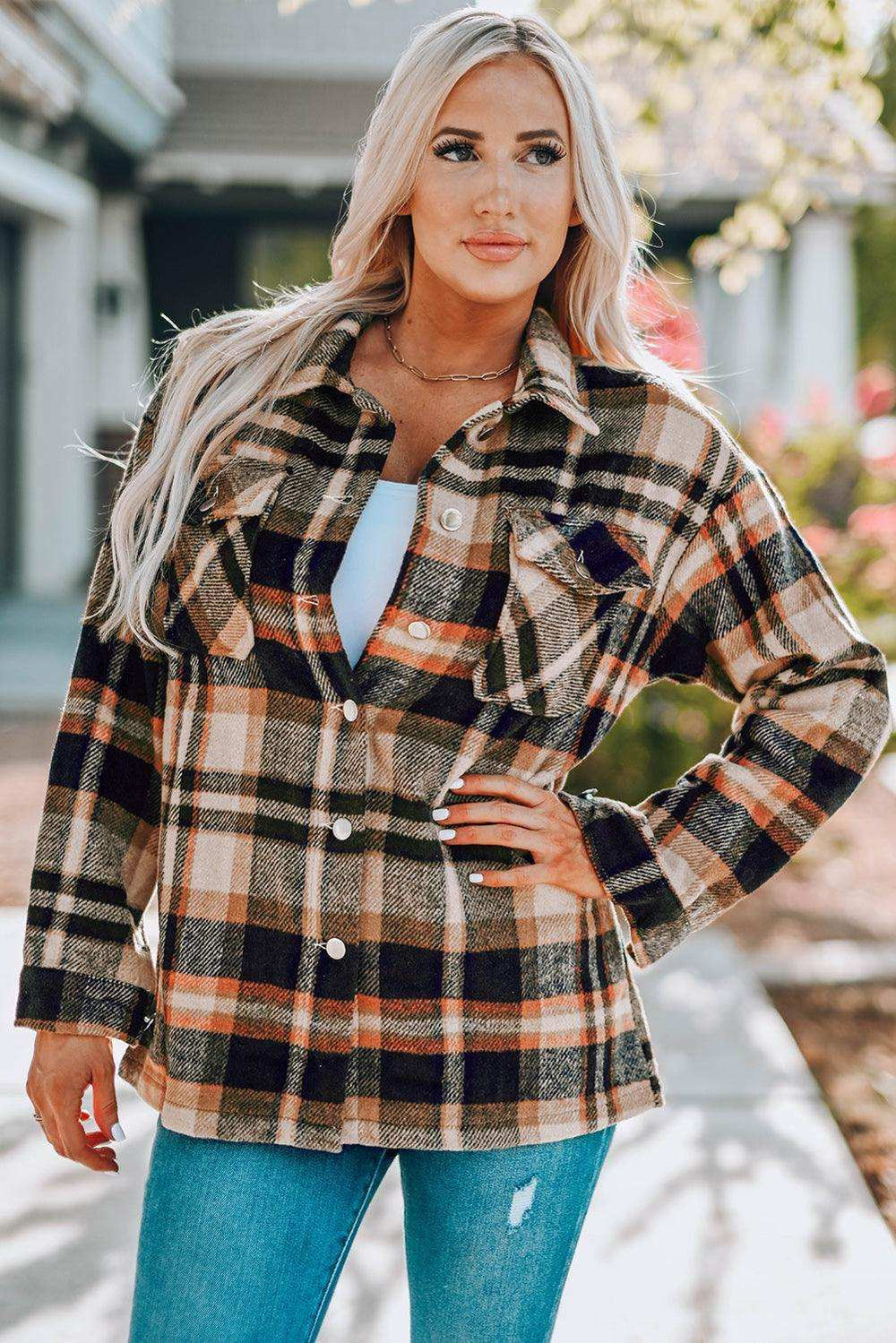 Plaid Button Front Shirt Jacket with Breast Pockets - Trendsi - Flyclothing LLC