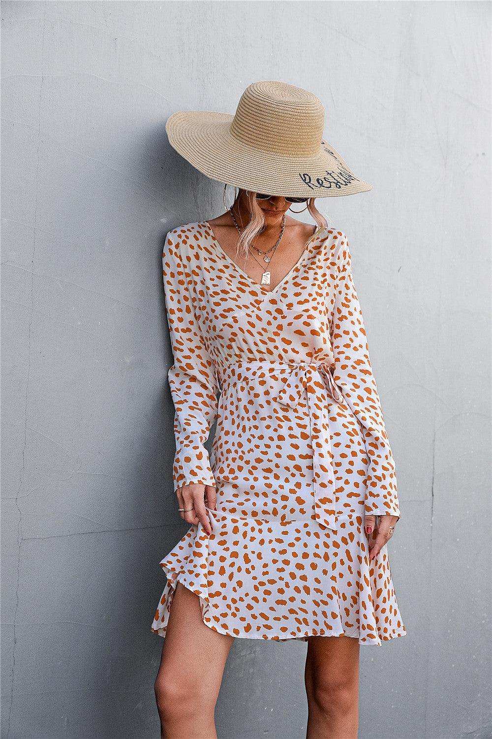 Printed V-Neck Tie Belt Ruffle Hem Mini Dress - Trendsi - Flyclothing LLC