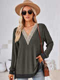 Crochet Contrast V-Neck Long Sleeve Slit T-Shirt - Trendsi - Flyclothing LLC