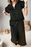 Ruffled Quarter Zip Top and Drawstring Pants Set - Trendsi - Flyclothing LLC