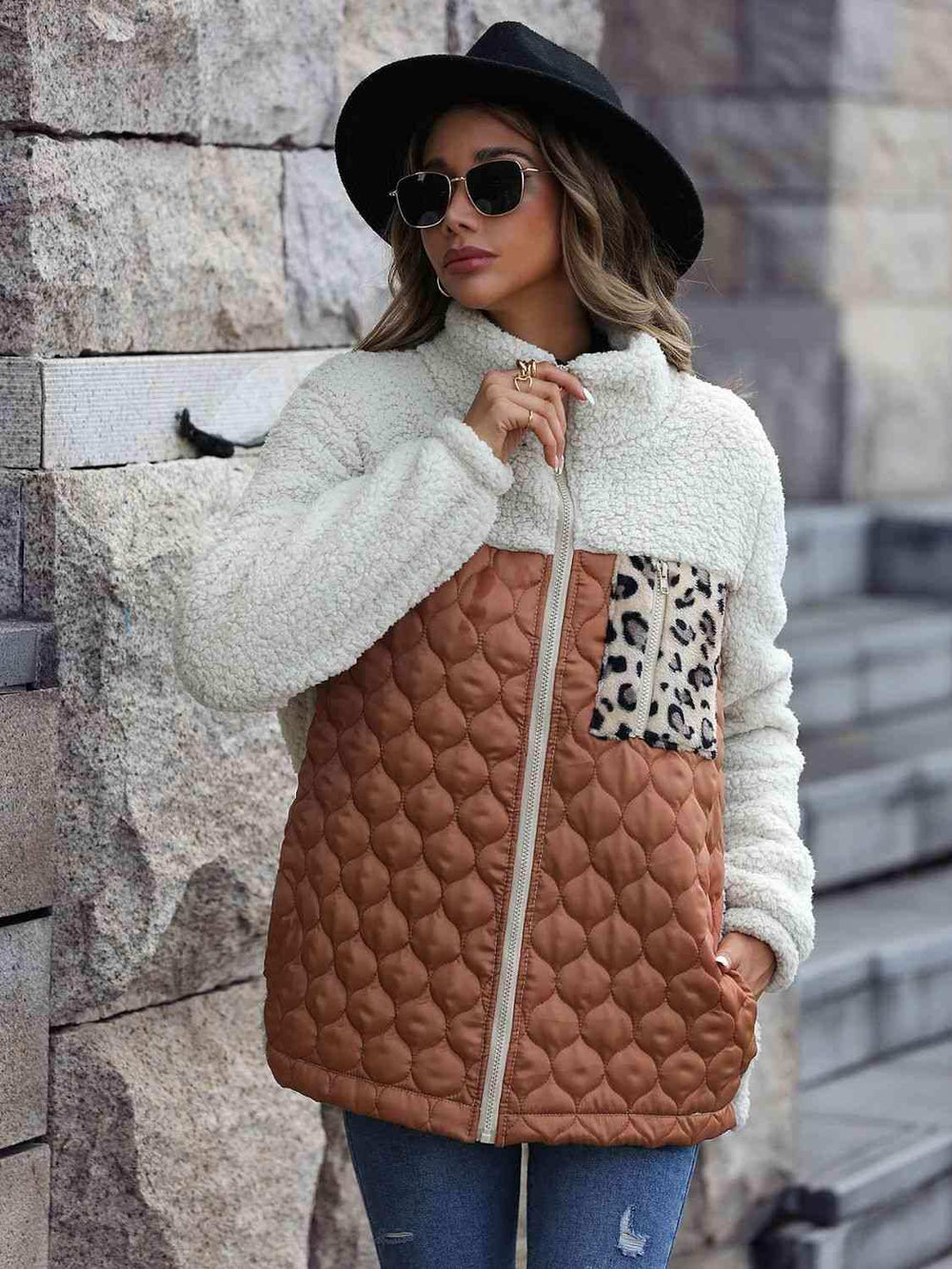 Leopard Color Block Zip-Up Jacket - Trendsi - Flyclothing LLC