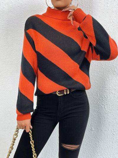 Striped Turtleneck Dropped Shoulder Sweater - Trendsi - Flyclothing LLC