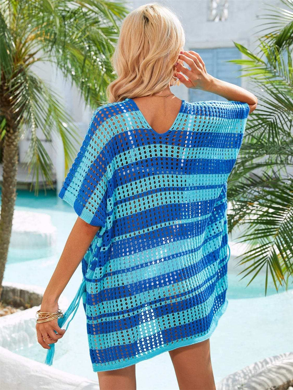 Tassel Openwork Striped V-Neck Cover Up - Trendsi - Flyclothing LLC