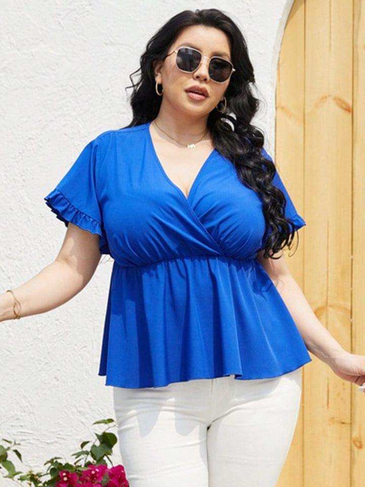 Plus Size Surplice Neck Babydoll Blouse - Trendsi - Flyclothing LLC