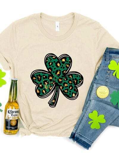 Lucky Clover Round Neck Short Sleeve T-Shirt - Trendsi - Flyclothing LLC