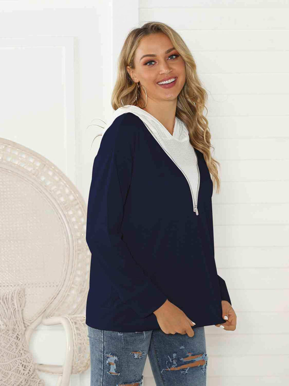 Contrast Zip Detail Hoodie - Trendsi - Flyclothing LLC