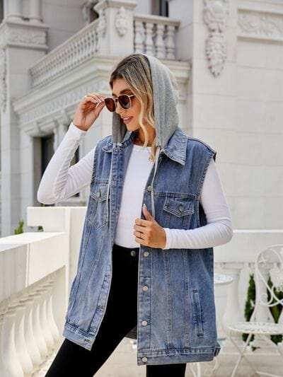 Drawstring Pocketed Button Up Sleeveless Denim Jacket - Trendsi - Flyclothing LLC